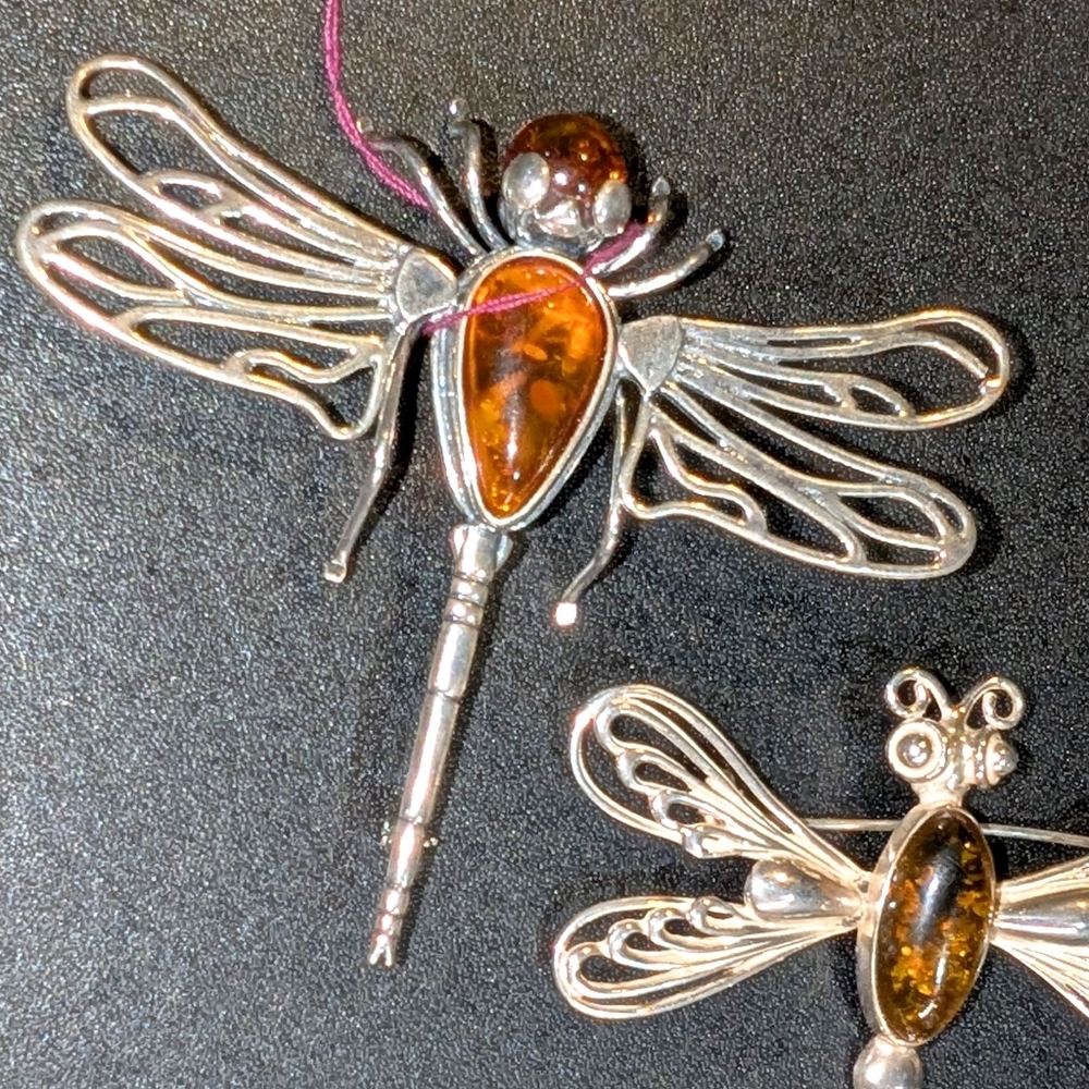Sterling Silver Dragonfly Brooch Set with Baltic Amber